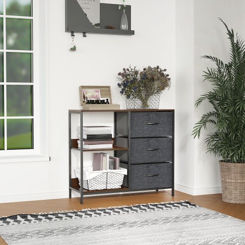 HOMCOM Chest of Drawers Storage  Dresser Cabinet Organizer with 3 Fabric Drawers and 2 Display Shelves for Living Room, Bedroom, Hallway