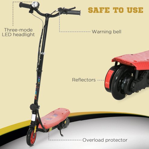 HOMCOM 120W E-Scooter Folding Electric Scooter with 12km/h Maximum Speed, Three Mode LED Headlight, Adjustable Height, Warning Bell, for Ages 7-14 Years - Red