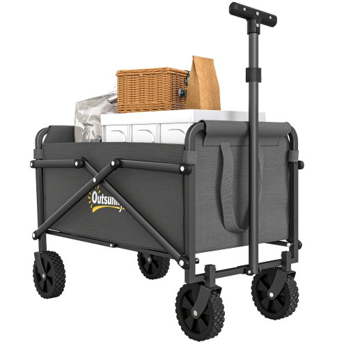 Outsunny 41L Festival Trolley on Wheels, Small Garden Folding Trolley Cart, 60kg Heavy Duty Collapsible Folding Wagon with Adjustable Handle and Carrying Bag for Beach, Camping, Festival, Grey