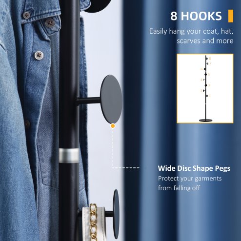 HOMCOM Coat Rack Free Standing Hall Tree with 8 Round Disc Hooks for Clothes, Hats,Purses, Steel Entryway Coat Stand with Marble Base for Entryway, Living Room, Bedroom