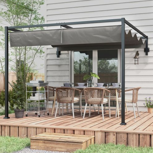 Outsunny 2 x 3(m) Lean To Pergola with Retractable Roof, Wall Mounted Garden Gazebo Outdoor Sun Shade Shelter for Patio, Deck, Dark Grey