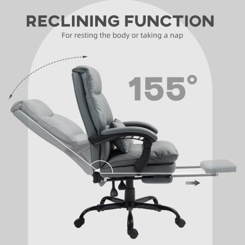 HOMCOM Executive Office Chair with Footrest, PU Leather High Back Desk Chair with Lumbar Support, Swivel Computer Chair with Adjustable Height and Padding Armrests, Grey
