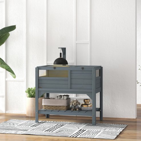 PawHut Tortoise House w/ Shelf, Small Pet Reptile Wooden House w/ Hide Shelter Den and Run, Lamp Holder, Tray, for Indoors, Outdoors - Grey
