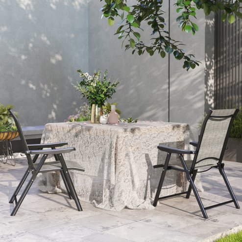 Outsunny Set of 2 Folding Chair, Garden Chair Set with Breathable Mesh Back and Seat, Outdoor Camping Chairs with Armrests, Steel Frame for Deck Balcony, Black and Grey