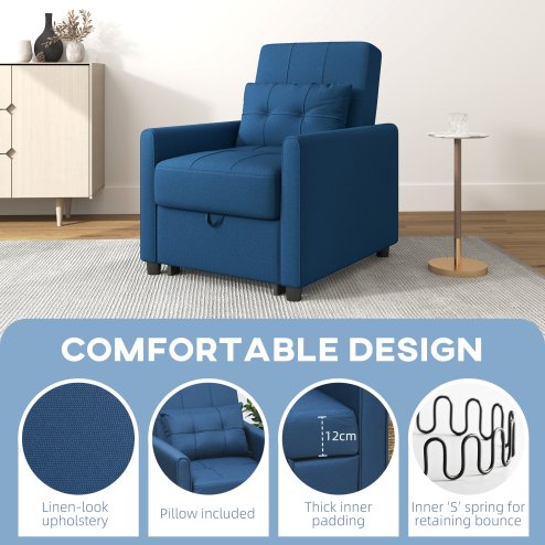 HOMCOM Compact Single Chair Bed, Pull Out Bed, Convertible Sleeper Chair with Adjustable Backrest, Pillow, Side Pockets for Home Office, Bedroom, Living Room