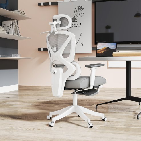HOMCOM Ergonomic Office Chair, Mesh Desk Chair with 3D Armrests, Rotatable Headrest, Adjustable Lumbar Support, Coat Hanger, Footrest for Home Office, Grey