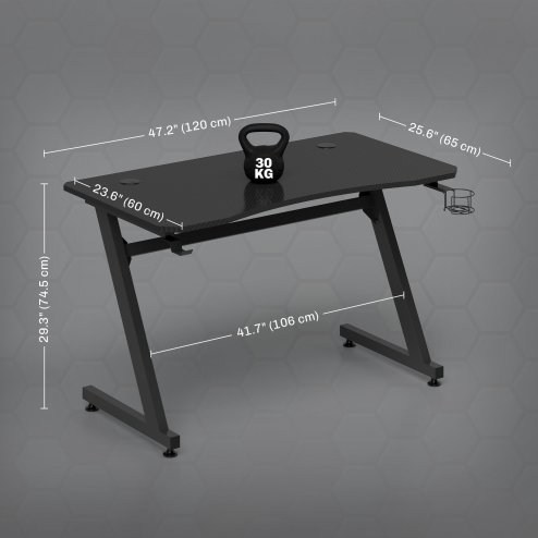 HOMCOM Gaming Desk 120 x 65 cm Steel Frame with Cup Holder, Headphone Hook, Adjustable Feet and Cable Organiser, Home Office Computer Table, Black
