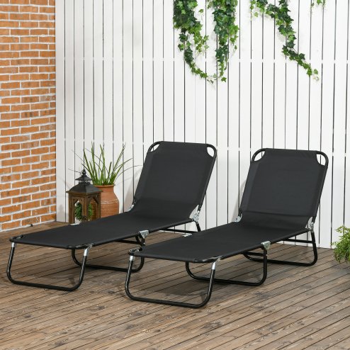 Outsunny Folding Sun Loungers Set of 2, Outdoor Day Bed with 5-Position Adjustable Backrest, Portable Recliner Garden Chairs with Breathable Mesh for Beach, Patio, Black