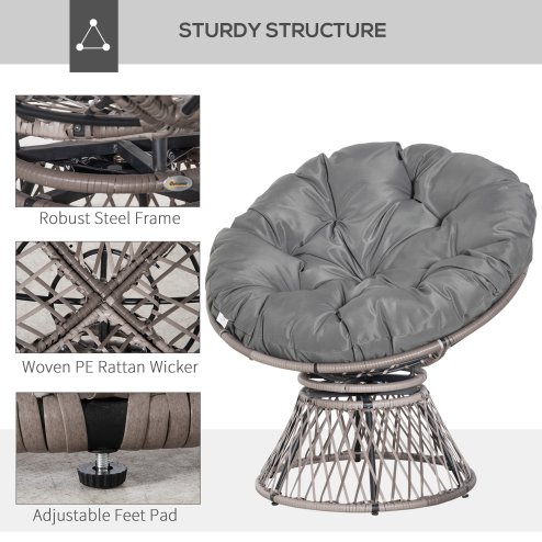 Outsunny 360 Swivel Rattan Papasan Moon Bowl Chair Round Lounge Garden Wicker Basket Seat with Padded Cushion Oversized for Outdoor Indoor, Grey