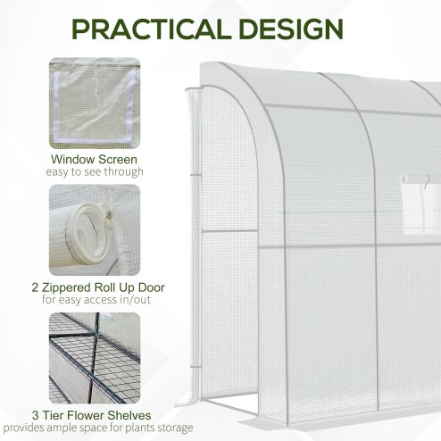 Outsunny Walk-In Lean to Wall Greenhouse with Windows and Doors, Outdoor Green House with 3 Tiers 4 Wired Shelves, 200L x 100W x 215Hcm, White
