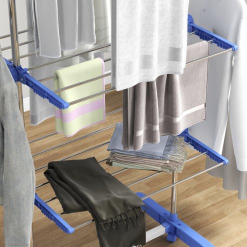 HOMCOM 3-Tier Clothes Airer, Stainless Steel Foldable Clothes Drying Rack with Wheels and Wings, Indoor and Outdoor, Easy Assembly, 142 x 55 x 152cm, Blue