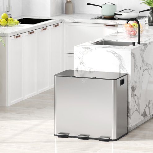 HOMCOM Triple Kitchen Bin, 3 x 15L Pedal Bin, Stainless Steel Three Rubbish Bin with Removable Inner Buckets, Soft Close Lid, Fingerprint-Proof for Recycling and Waste