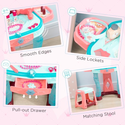 AIYAPLAY 31 Pieces Kids Dressing Table Set with Magical Princess Mirror, Music Lights, Makeup Accessories, Hair Dryer, Chair, Drawer for Ages 3-6 Years