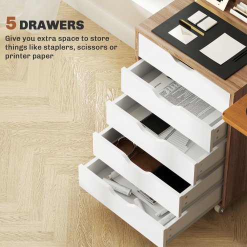 Vinsetto Vertical Filing Cabinet, 5-drawer File Cabinet, Mobile Office Cabinet on Wheels for Study, Home Office, Oak