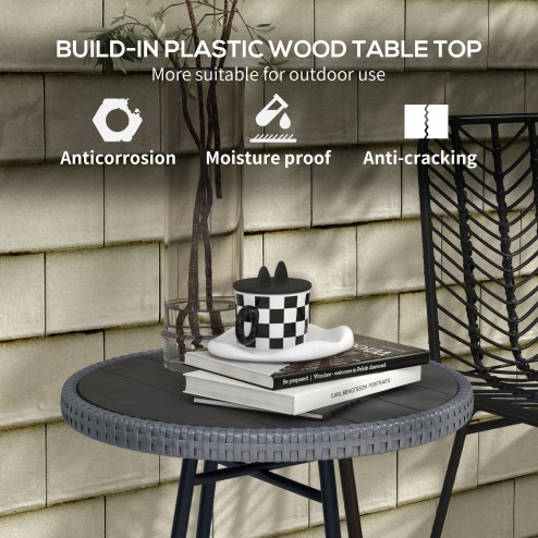 Outsunny Outdoor Coffee Table, Garden PE Rattan Side Table with Plastic Wood Table Top, X-Shape Support for Indoor, Outdoor, Balcony, Patio, Grey