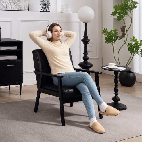 HOMCOM Armchair, PU Leather Accent Chair, Occasional Chair with Rubber wood Frame for Living Room, Reception, Bedroom, Balcony, Black