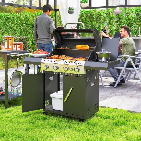Outsunny 4+1 Burner Gas BBQ Grill with Clear View Lid, Portable Gas Barbecue Grill with Built-in Thermometer, Side Table, Cabinet, Wheels, Grease Tray for Garden Party Outdoor Cooking, Black