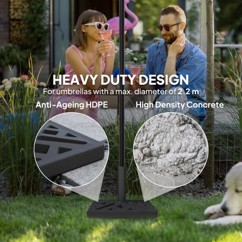 Outsunny Garden Parasol Base, 15kg HDPE Outdoor Umbrella Stand Parasol Stand with Cut-Out Design, Sun Umbrella Base for 32, 38, 48 mm Poles, Black