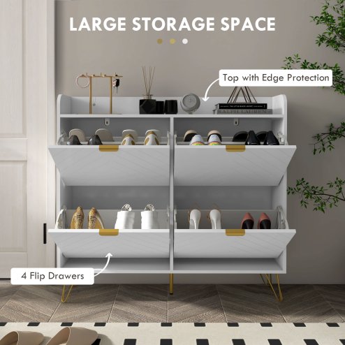 HOMCOM Narrow Shoe Cabinet with 4 Flip Drawers, Slim Shoe Storage Cabinet with Adjustable Shelves, Hairpin Legs and 4 Vents for 16 Pairs of Shoes for Entryway, White