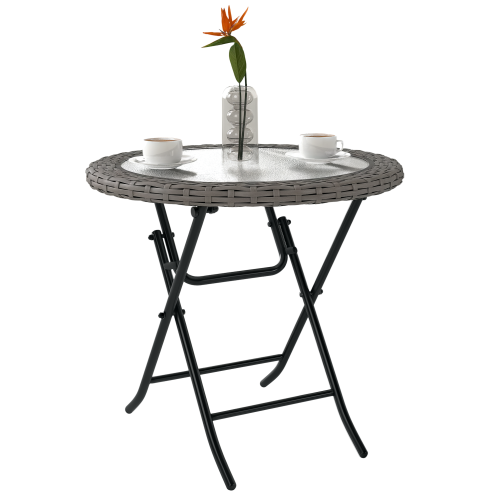Outsunny Folding Rattan Garden Dining Table, 68 cm Round Rattan Garden Table with Water Ripple Tempered Glass Top, Wicker Edging  and Steel Frame for Outdoor, Patio, Grey