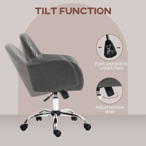 HOMCOM Computer Desk Chair, PU Leather Swivel Office Chair, Makeup Vanity Chair with Height Adjustable, Wheels, for Home Study Bedroom, Grey
