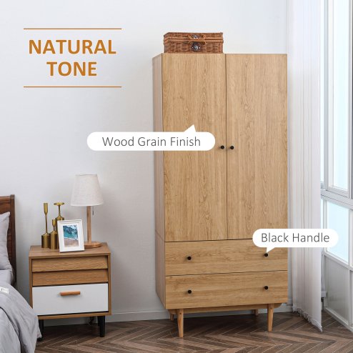 HOMCOM 2 Door Wardrobe with 2 Drawers, Hanging Rail, Anti-tipping Design for Bedroom Clothes Storage Organiser, Natural Wood Colour