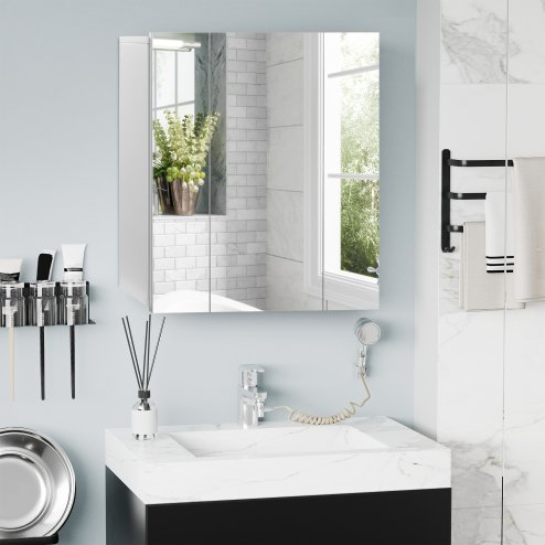 kleankin Bathroom Medicine Cabinet with Mirror, Wall Mounted Bathroom Mirror Cabinet with 3 Doors, Adjustable Shelves, White