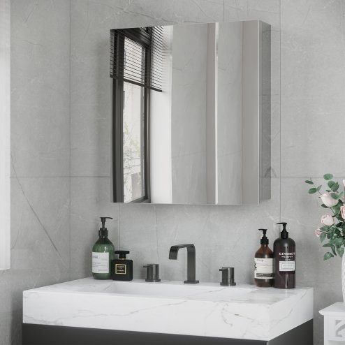kleankin Bathroom Mirror Cabinet, Stainless Steel Wall-Mounted Bathroom Storage Cabinet with 2 Hinged Doors and Shelves for Laundry Room, 54W x 60Hcm, Silver