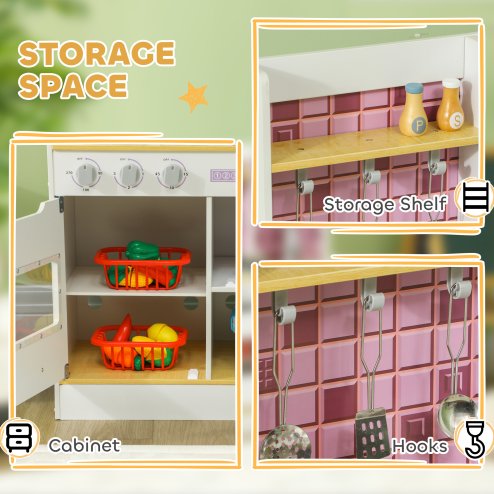 AIYAPLAY Kids Play Kitchen, Pretend Play Kitchen with Realistic Over, Stove, Sink, Kitchen Accessories, Cooking Playset with Light, Sound, for Ages 3+ Years, White