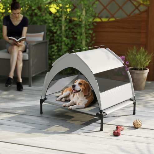 PawHut Elevated Dog Bed with Removable Canopy, Portable Cooling Raised Pet Cot with Breathable Mesh, Storage Bag, for Indoor Outdoor Use, for Small Medium Dogs, 76 x 61 x 70 cm, Light Grey