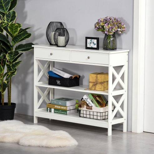 HOMCOM Console Table Side Desk w/ Shelves Drawers Open Top X Support Frame Living Room Hallway Home Office Furniture