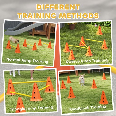 PawHut Dog Agility Set, Portable Pet Jump Training Equipment Kit for Six Cones, Six Poles with Carry Bag, Three-Piece Adjustable Height Jumping Obstacles, Orange