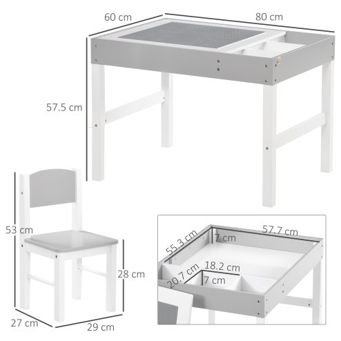 HOMCOM kids Table and Chair Set 2 in 1 Activity Play Table for Bricks Toddler Furniture w/Storage Space, Ideal for Reading, Arts & Crafts - Grey