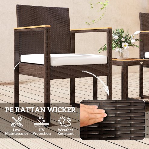 Outsunny 3-Piece Rattan Bistro Set, Patio Table and Chairs Set with Removable Cushions, Rattan Conversation Set with Acacia Wood Table & Adjustable Foot Pads for Garden Balcony, White