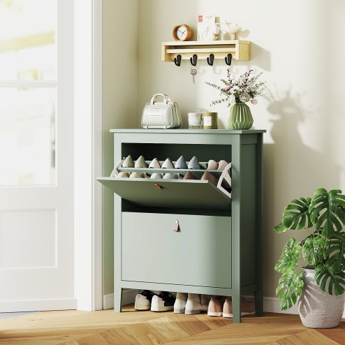 HOMCOM 2 Drawer Shoe Cabinet with Flip Doors, Narrow Shoe Storage Cabinet with Removable and Adjustable Shelves, 14 Pairs Footwear Cupboard for Hallway, Entryway, 80 x 24 x 95.5 cm