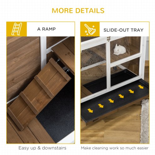 PawHut Rabbit Hutch Indoor Wooden Guinea Pig House Hamster Cage with Wheels, 2 Layers Bunny Cage with Openable Roof, 91.5 x 53.3 x 73 cm, Brown