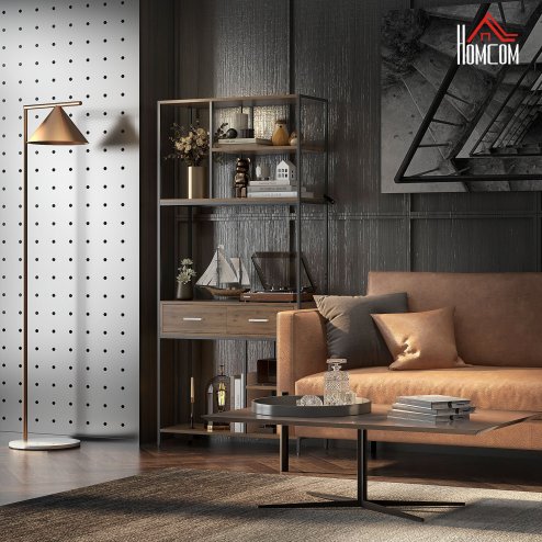 HOMCOM 5 Tier Bookcase, Industrial Book Shelf with 2 Drawers and Metal Frame, Bookshelf for Home Office, Study, Living Room, Brown