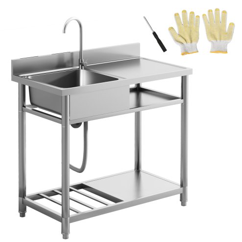 HOMCOM Outdoor Utility Sink, Stainless Steel Free Standing Single Bowl Kitchen Sink with Cold and Hot Water Pipe and Storage Shelf for Laundry Garage, 100 x 51.5 x 100 cm