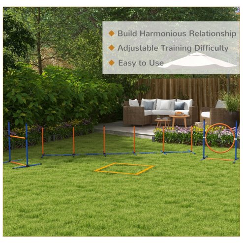 PawHut Dog Agility Training Equipment, Dog Outdoor Games with Weave Poles, Jump Ring, Pause Box, Adjustable Hurdle, Pet Obstacle Course Training Set with Carry Bag, Orange