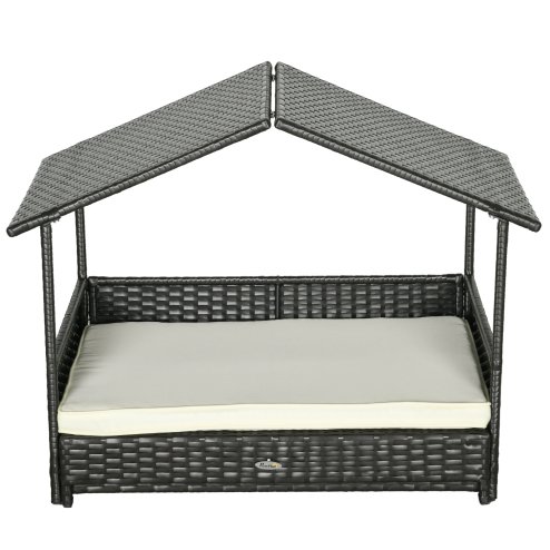 PawHut Rattan Dog House, Extendable Outdoor Wicker Dog Bed w/ Water-Resistant Roof, Removable Cushion, for Small and Medium Dogs - Cream White