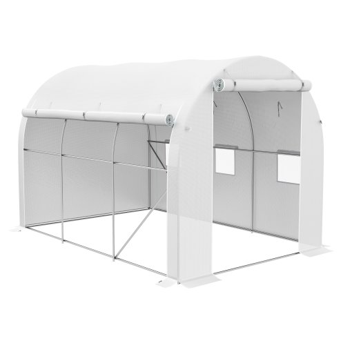 Outsunny 3 x 2 m Polytunnel Greenhouse with Zipped Roll-up Door and Mesh Windows, Walk-in Greenhouse with PE Cover and Galvanised Steel Frame, White