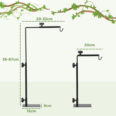 PawHut Reptile Lamp Stand, Adjustable Height and Width Heat Lamp for Reptile Amphibian Terrariums, Light Stand with Hook Hanging Steel Base - Black