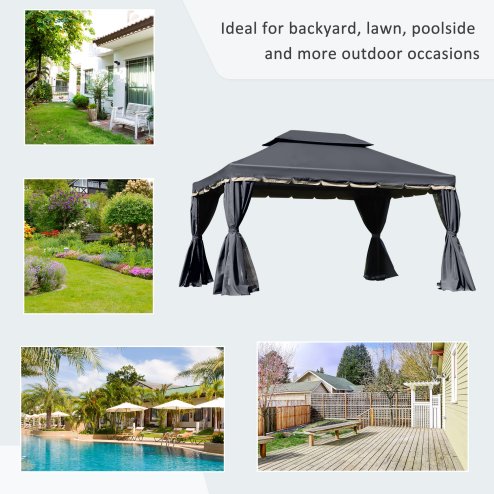 Outsunny 3 x 4m Aluminium Garden Gazebo, Marquee Canopy Shelter Pavilion Party Tent with Nets and Curtains for Garden and Deck, Black