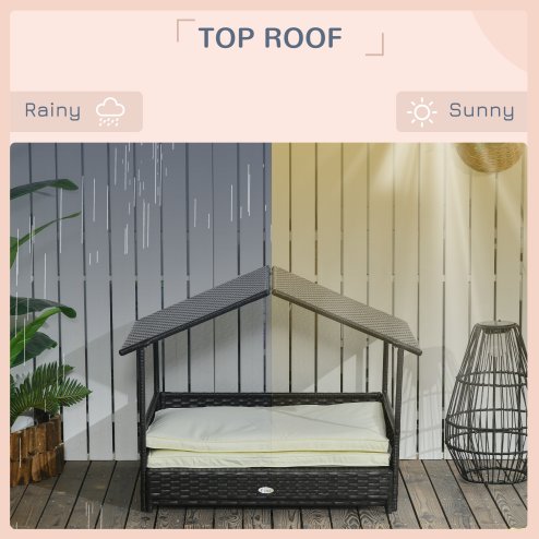 PawHut Rattan Dog House, Extendable Outdoor Wicker Dog Bed w/ Water-Resistant Roof, Removable Cushion, for Small and Medium Dogs - Cream White