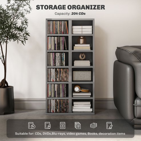 HOMCOM 204 CD Media Display Shelf Unit Set of 2 Blu-Ray Tower Rack w/ Adjustable Shelves Bookcase Storage Organiser, High Gloss Grey