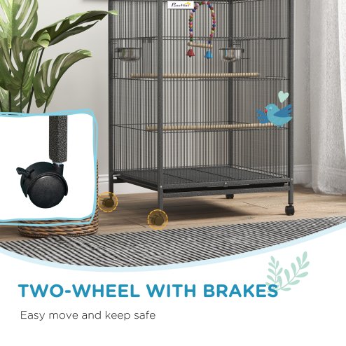 PawHut Bird Cage, Budgie Cage, Parrot Cage, with Rolling Stand, Stainless Steel Bowls, Swings, Removable Tray for Small Parrot, Budgie, Lovebird - Grey