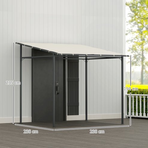 Outsunny 2.4 x 2.4 m Wall Mounted Pergola Gazebo with PA Coating Fabric and Metal Frame, UPF30+, Lean to Garden Gazebo, Wind Resistant Outdoor Sun Shade Shelter for Garden, Deck, Cream White