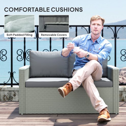 Outsunny 4 Piece Rattan Garden Furniture Set, 4 Seater Wicker Outdoor Sofa Set with 2 Armchairs, Loveseat, Acacia Wood Top Coffee Table, Cushions, Patio Conservatory Set for Balcony, Light Grey
