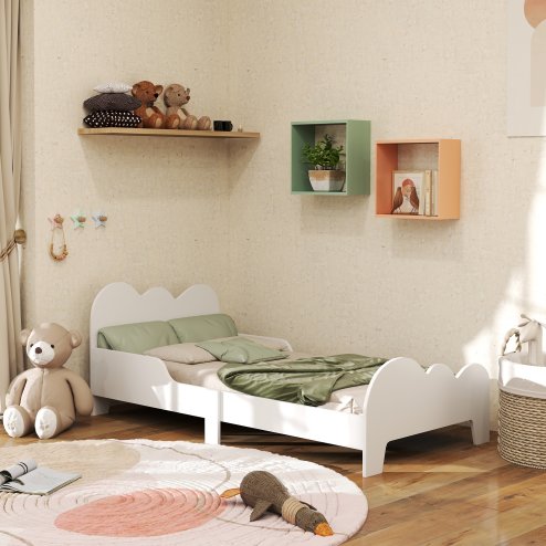 AIYAPLAY Toddler Bed, Cloud-Themed Kids Bed Frame with Safety Rails, Kids Bedroom Furniture, for Ages 3-8 Years, White