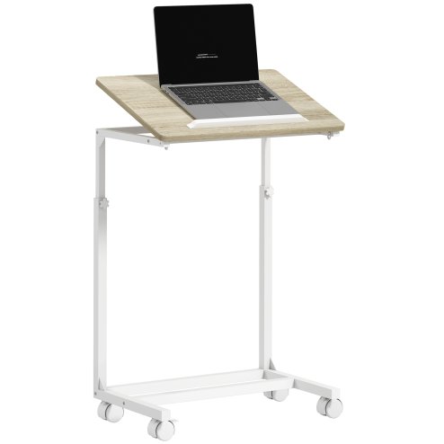 HOMCOM C-Shaped Sofa Side Table, Height Adjustable Overbed Table with Tilting Desktop, Mobile Laptop Desk for Living Room Bedroom, Oak and White